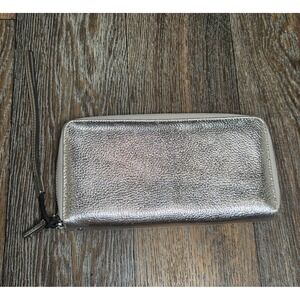 Lavemi Silver Metallic Pebbled Leather RFID Zip Around Wristlet Wallet Womens